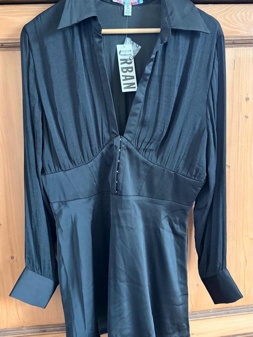 NWT Urban Outfitters Black Satin Deep-V Long Sleeve Midi Dress